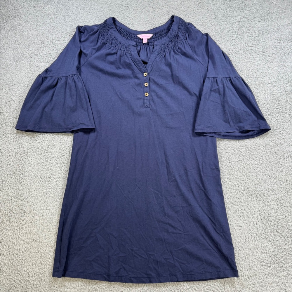 Lilly Pulitzer Navy Blue Smocked Neck Bell Sleeve Tunic Dress Size S